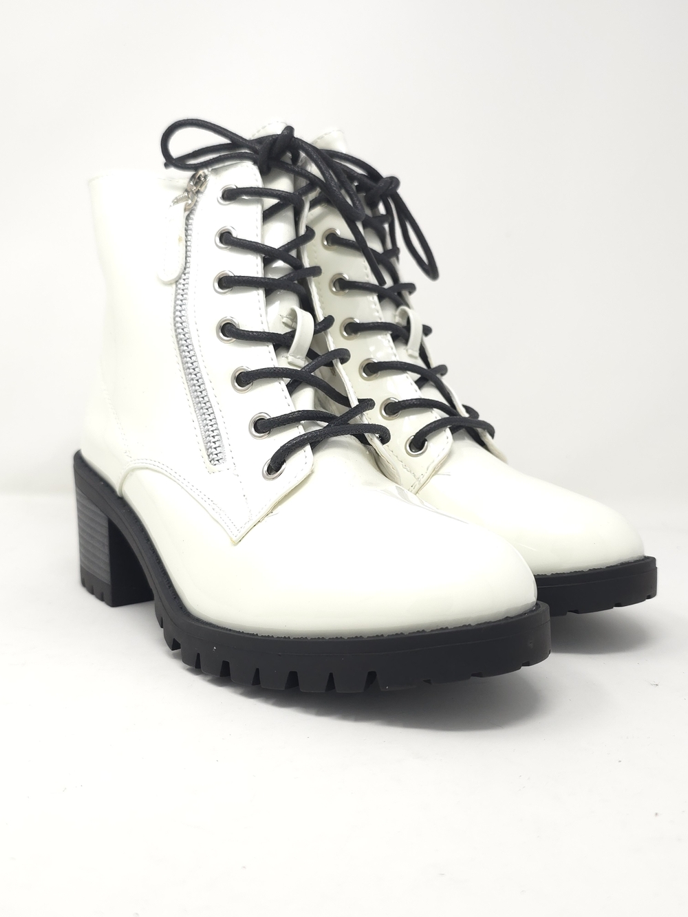 Combat Boots Chunky Heel Lace Up Side Zipper Faux Leather White Pat Ankle Boot - Picture 2 of 12
